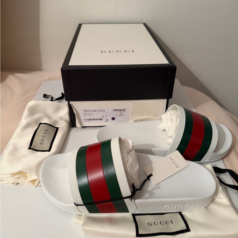 Gucci White Slides with Red and Green Accents